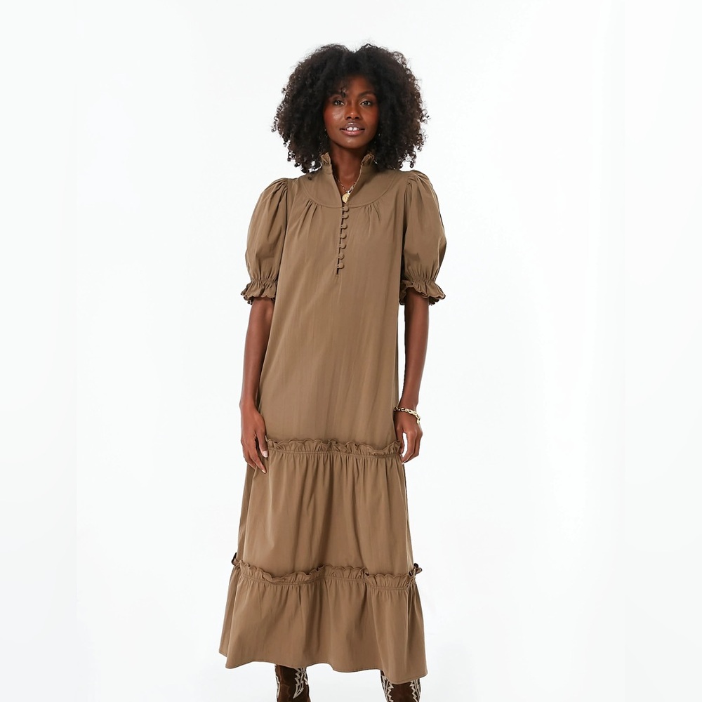 Pomander Place Taupe Maxi Dress with Puff Sleeves